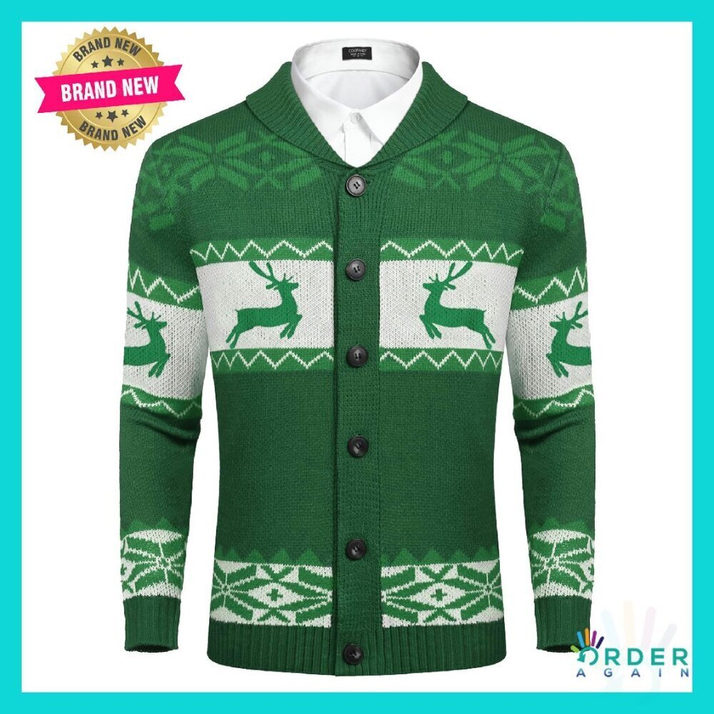 Men's Christmas Cardigan Shawl Collar Knitted Sweater Festive Holiday Ugly
